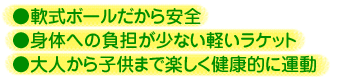 軟式ボールだから安全/身体への負担が少ない軽いラケット/大人から子供まで楽しく健康的に運動
